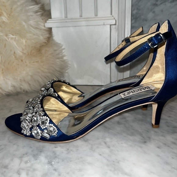 BADGLEY Mischka Lara Crystal Dress Sandal Navy Satin Size 9.5 - Picture 5 of 14